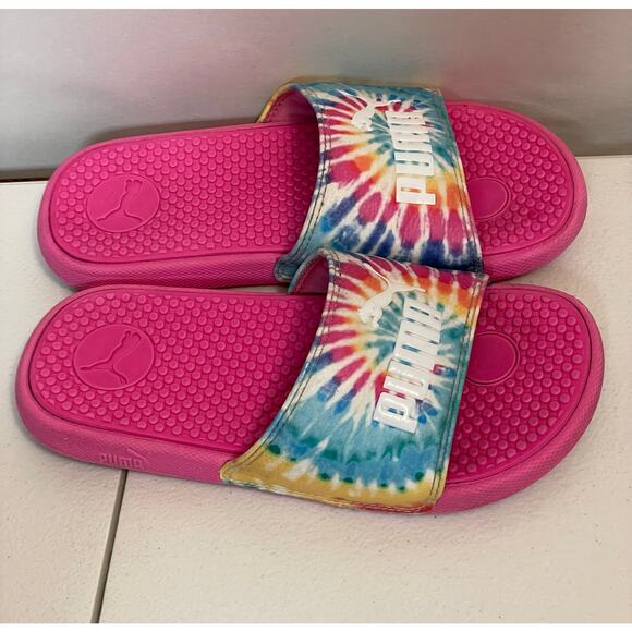 PUMA girls size 2 pink slide tie dye swirl color yellow blue slipper flip flop - Picture 5 of 9